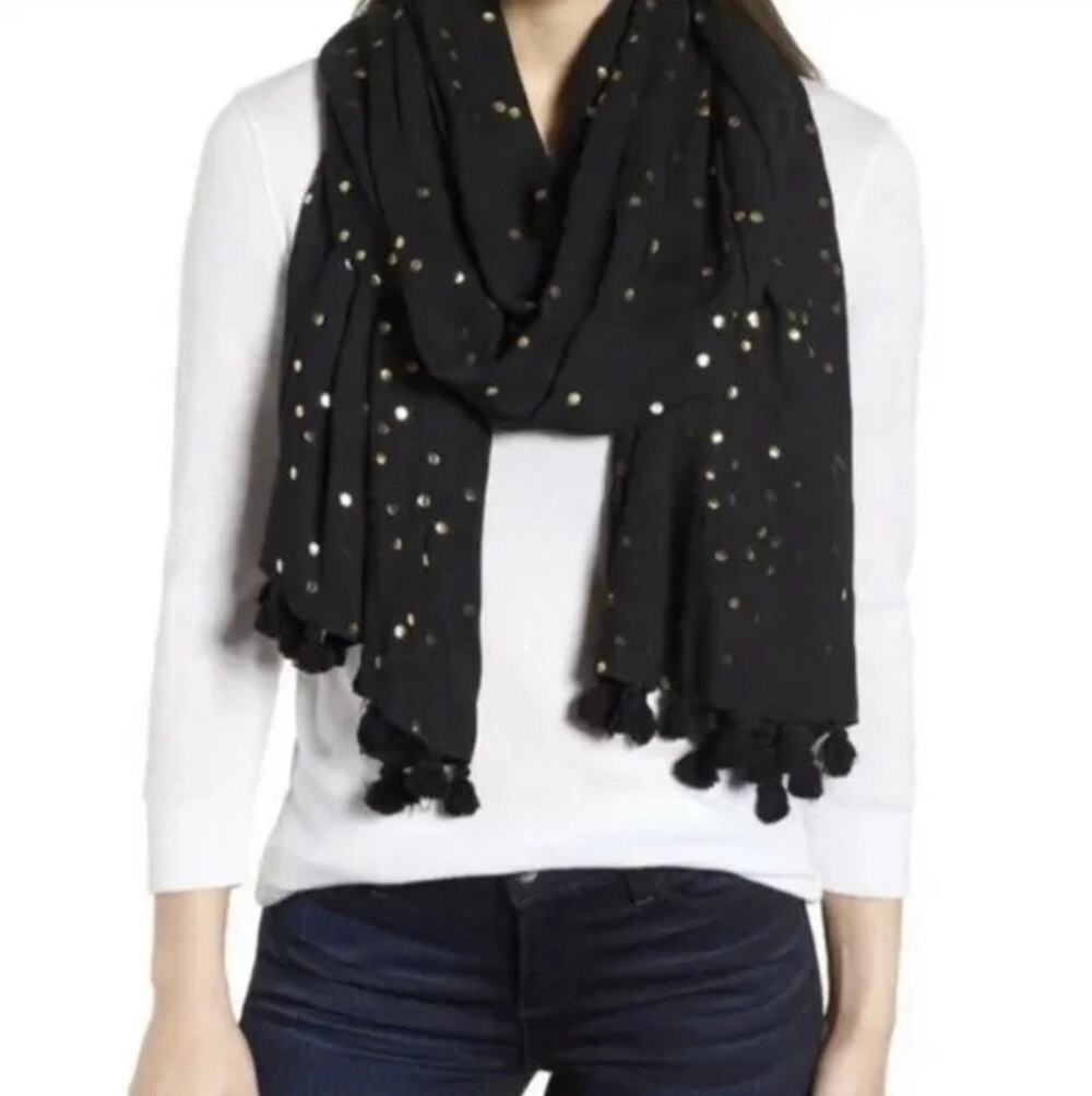 Kate Spade Scarf 74x24 Black Metallic Gold Confetti Polka Dot Pom Pom Shawl NYE